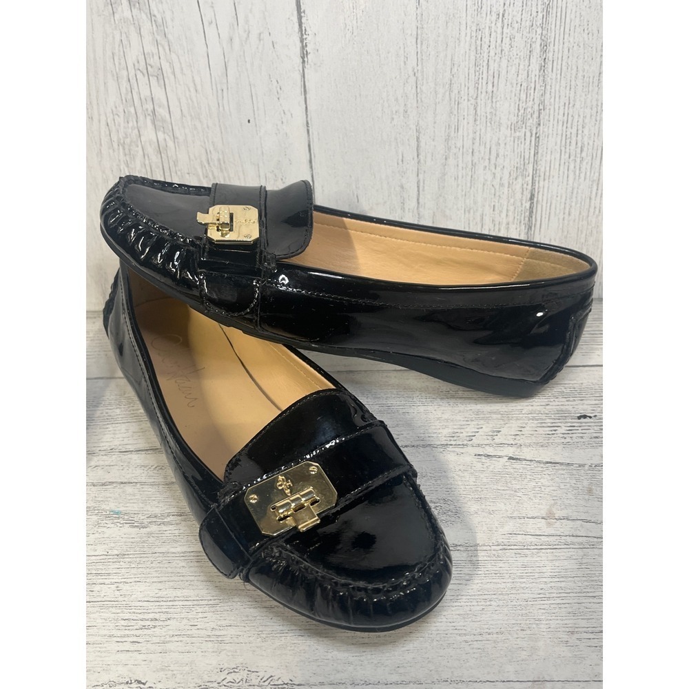 Cole Haan Black Patent Leather Flats Gold Buckle NEW SZ 6